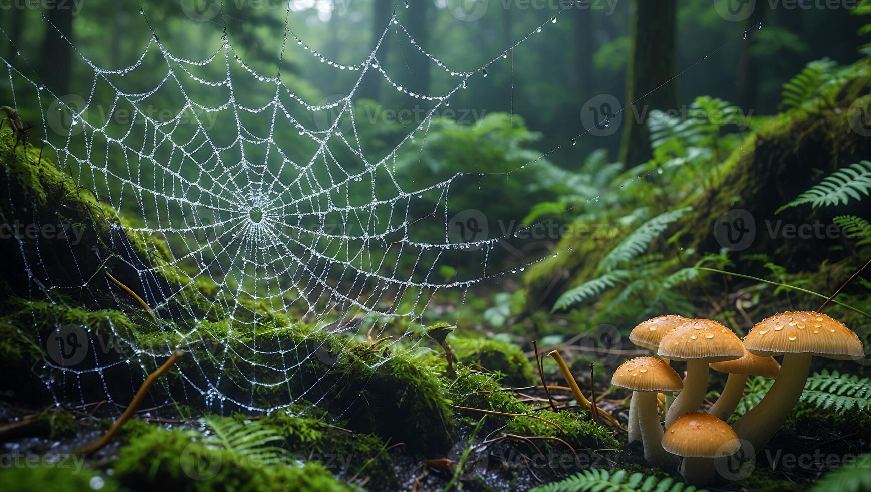 Spider Web and Mushroom in Forest photo