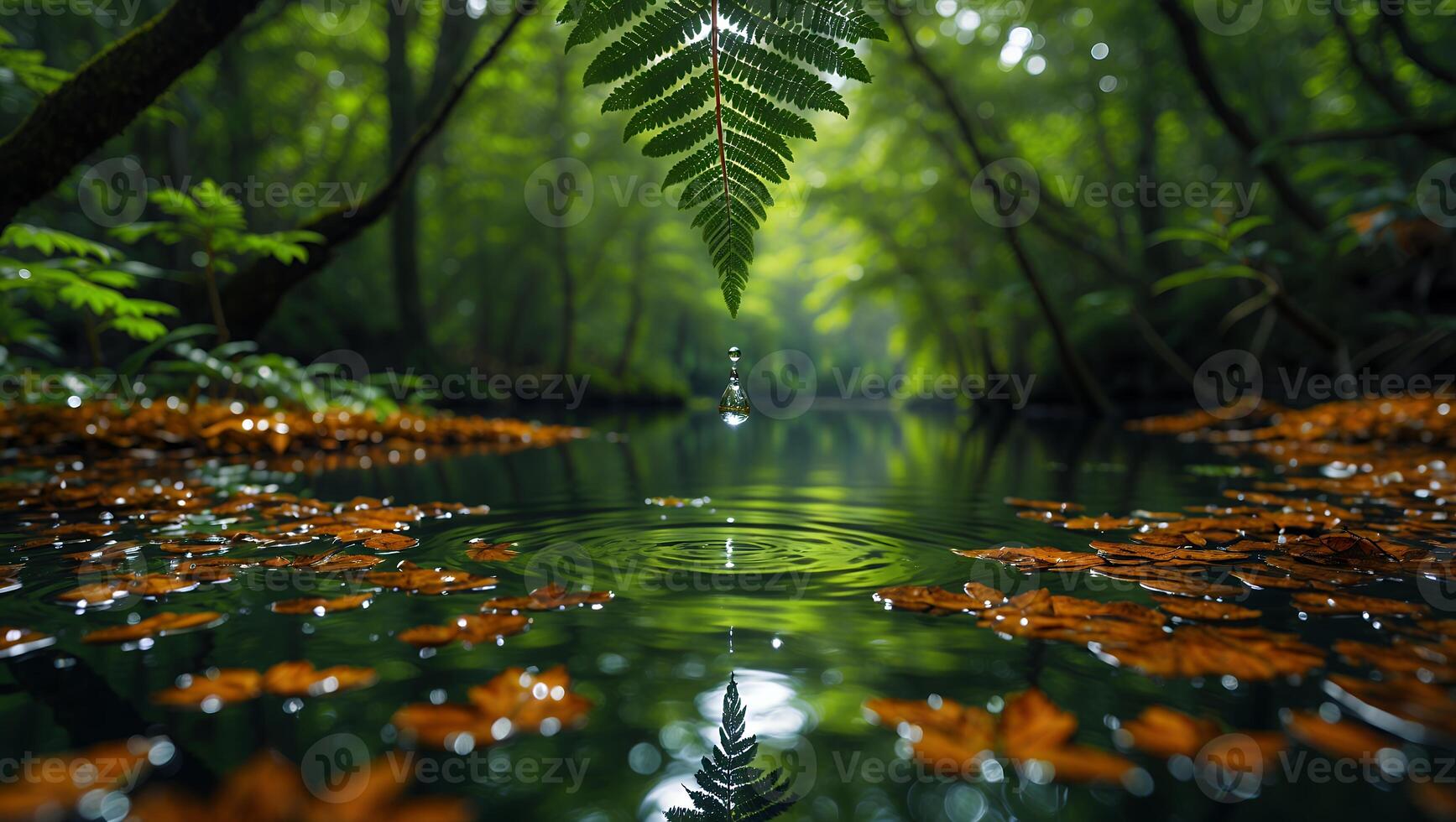 Fern Leaf Dripping Water Into Forest Stream with Fallen Leaves photo