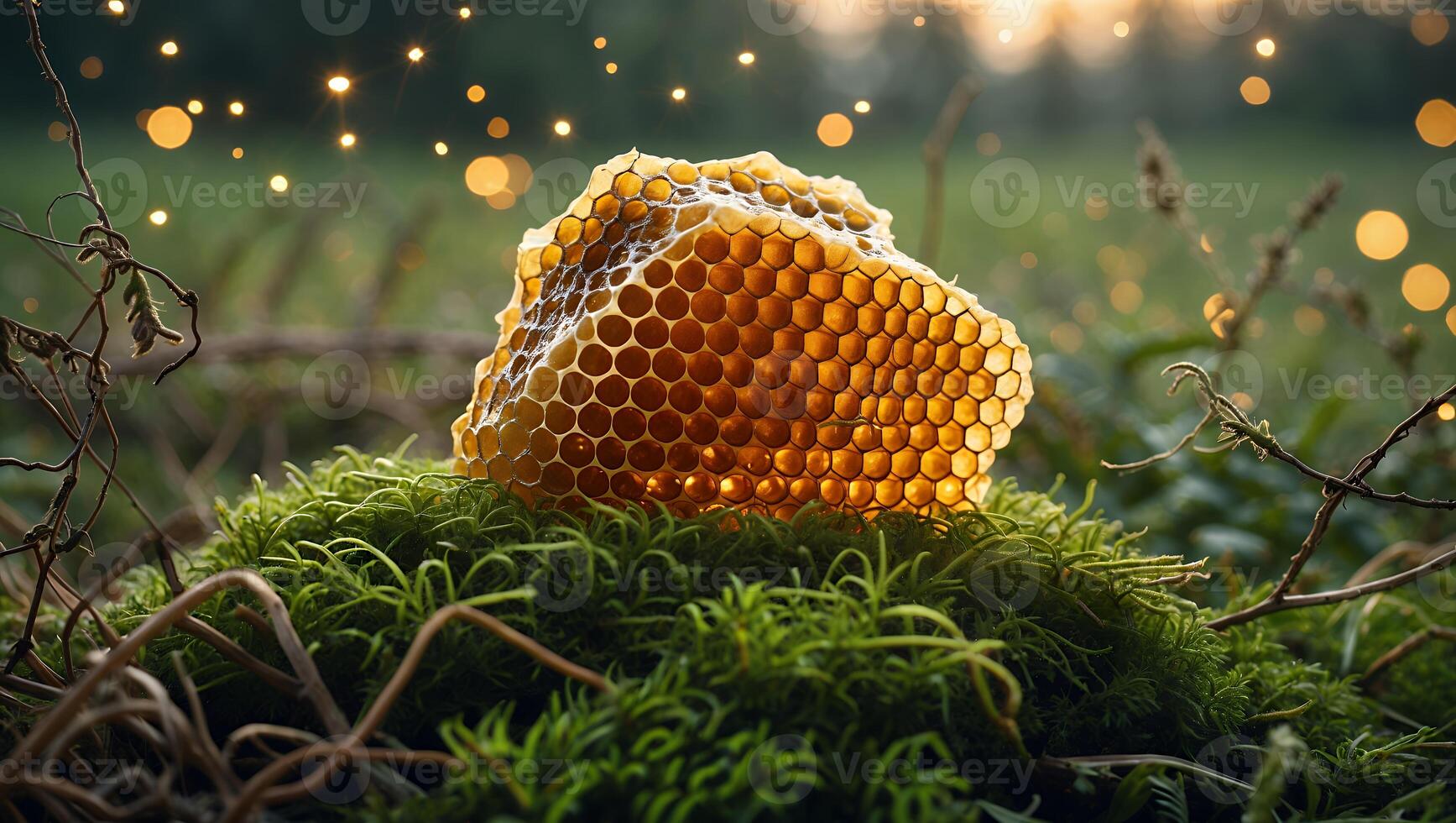 Honeycomb on Moss with Bokeh Lights photo