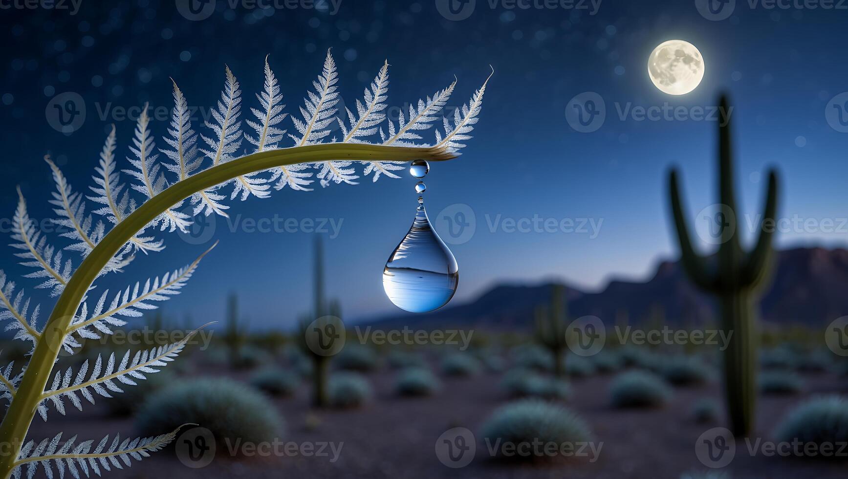 Water Drop Hanging on Plant in Desert at Night photo