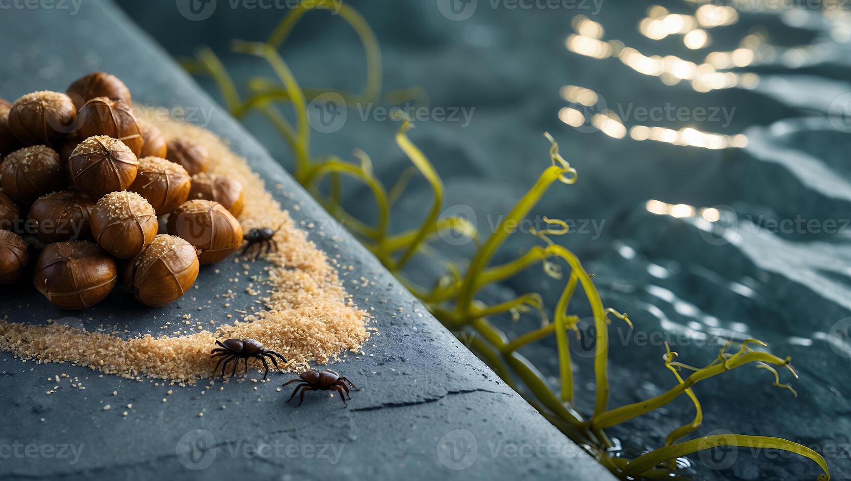 A pile of nuts on a ledge next to water photo