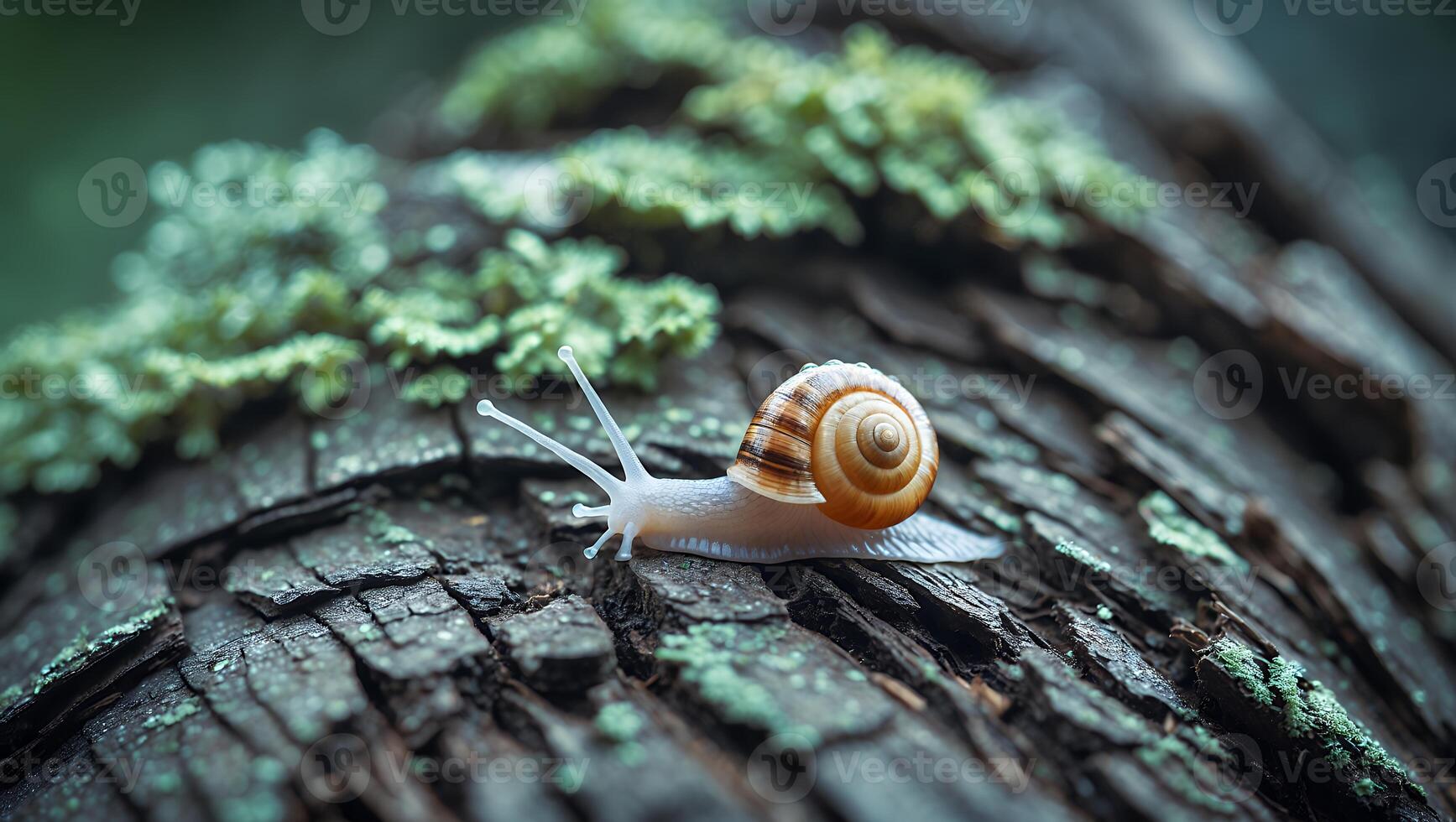 Snail Crawling on a Tree Trunk with Moss photo