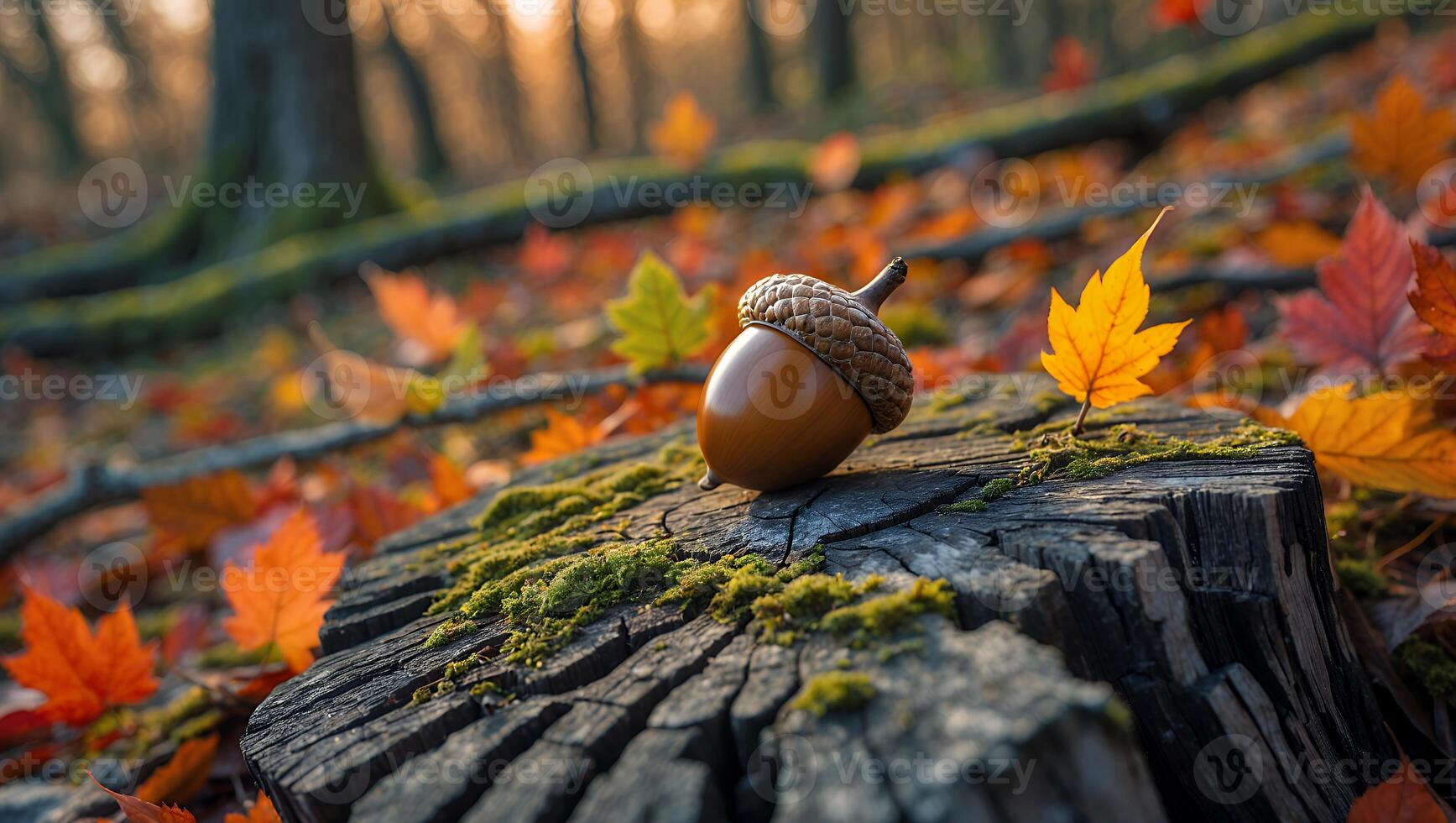Acorn and Autumn Leaf on Mossy Stump in Forest photo