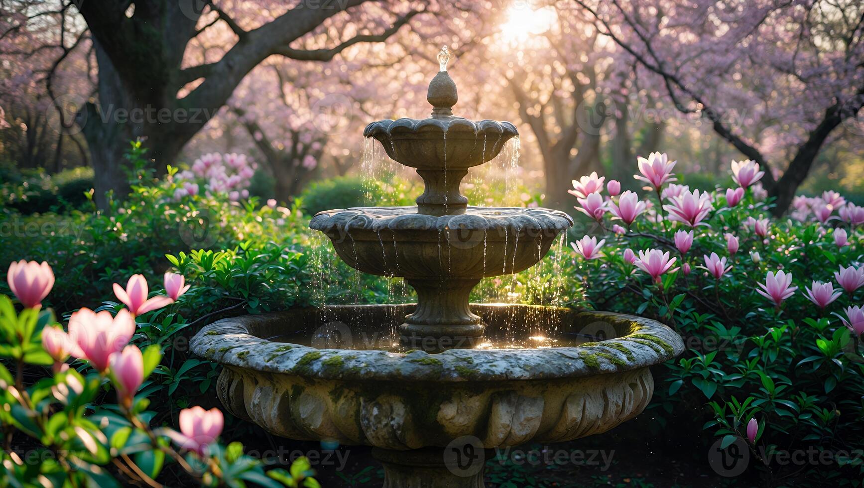 Stone Water Fountain with Magnolia Flowers in Park Landscape photo