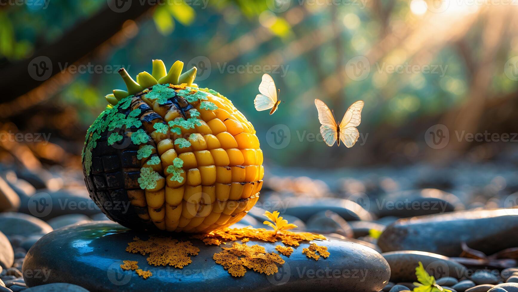 Fantasy Fruit on Stone in Forest with Butterflies photo