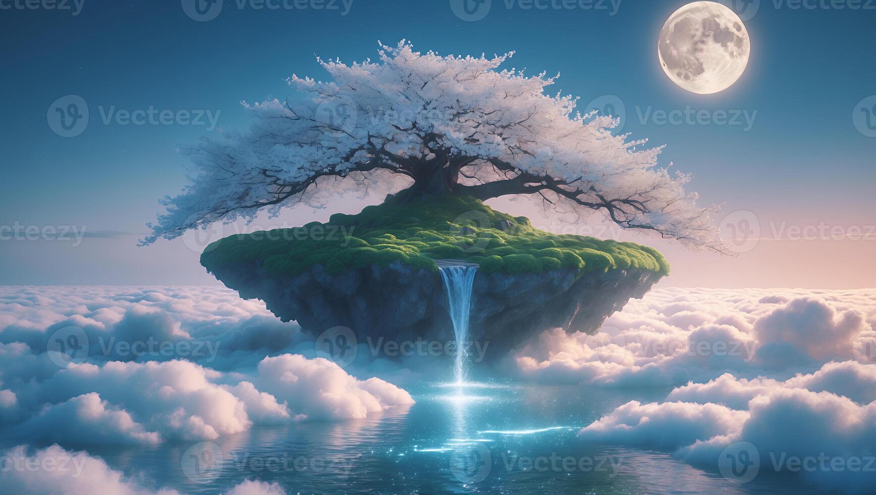 Floating Island with Waterfall and Tree in the Sky photo