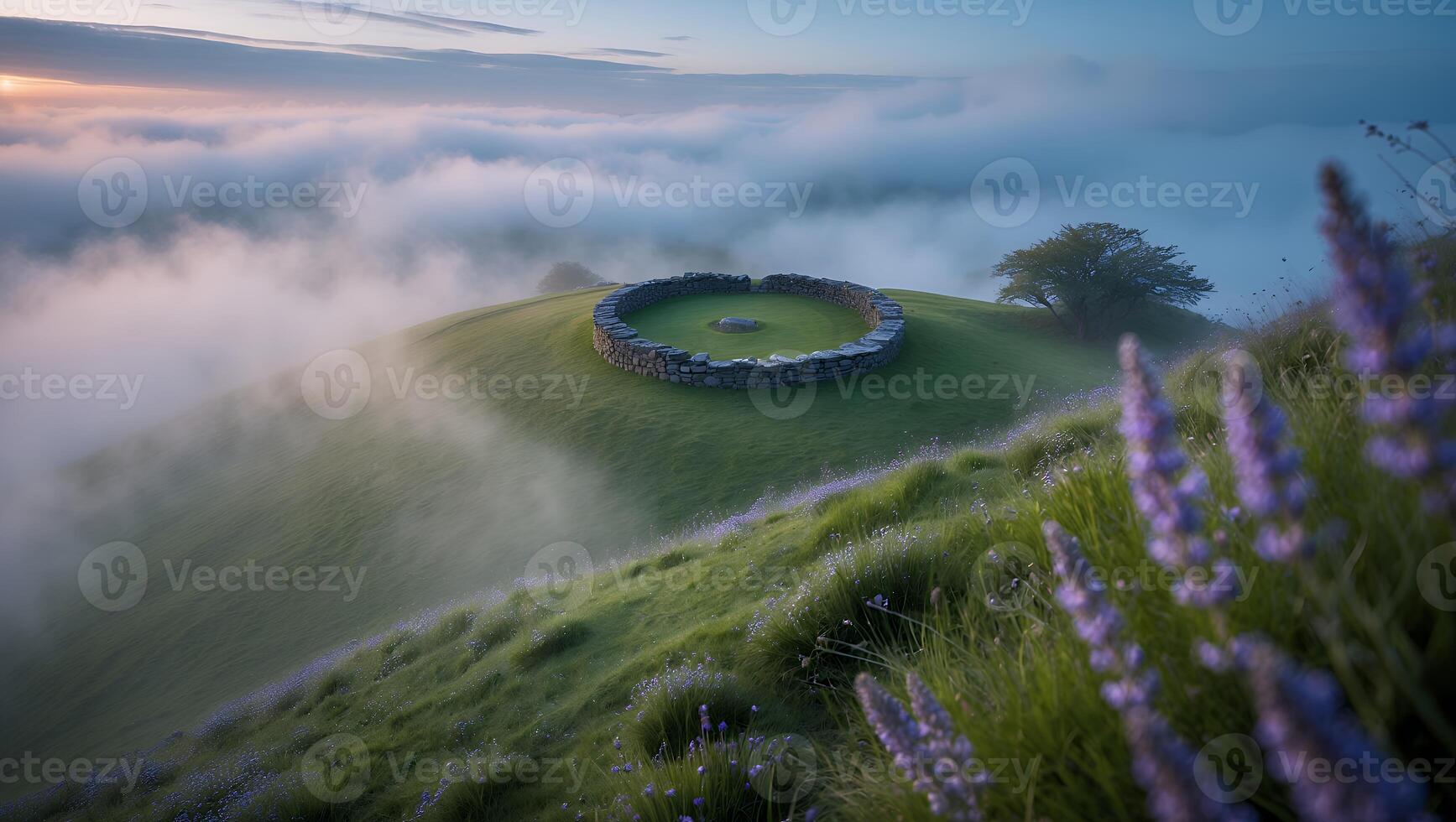 Hill with Stone Circle in Foggy Landscape photo