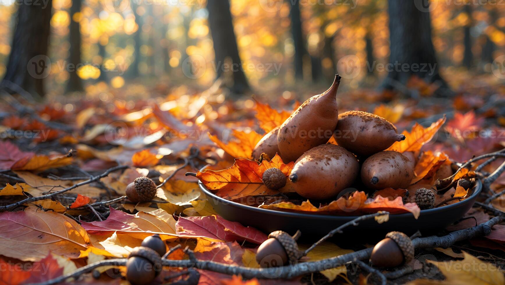Sweet Potato on Plate with Autumn Leaves and Acorn photo