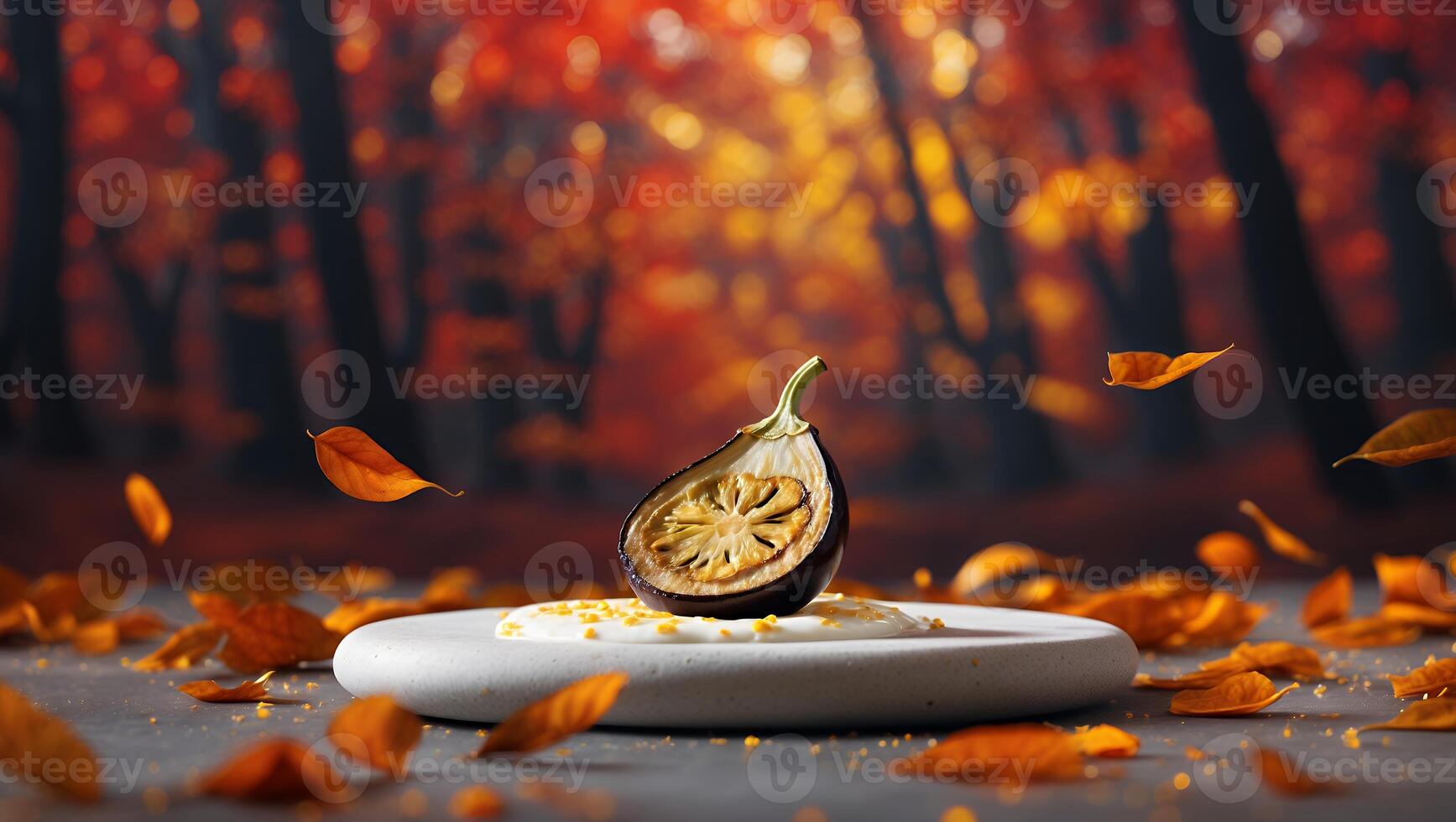 Halved Eggplant Food Photo with Autumn Leaves