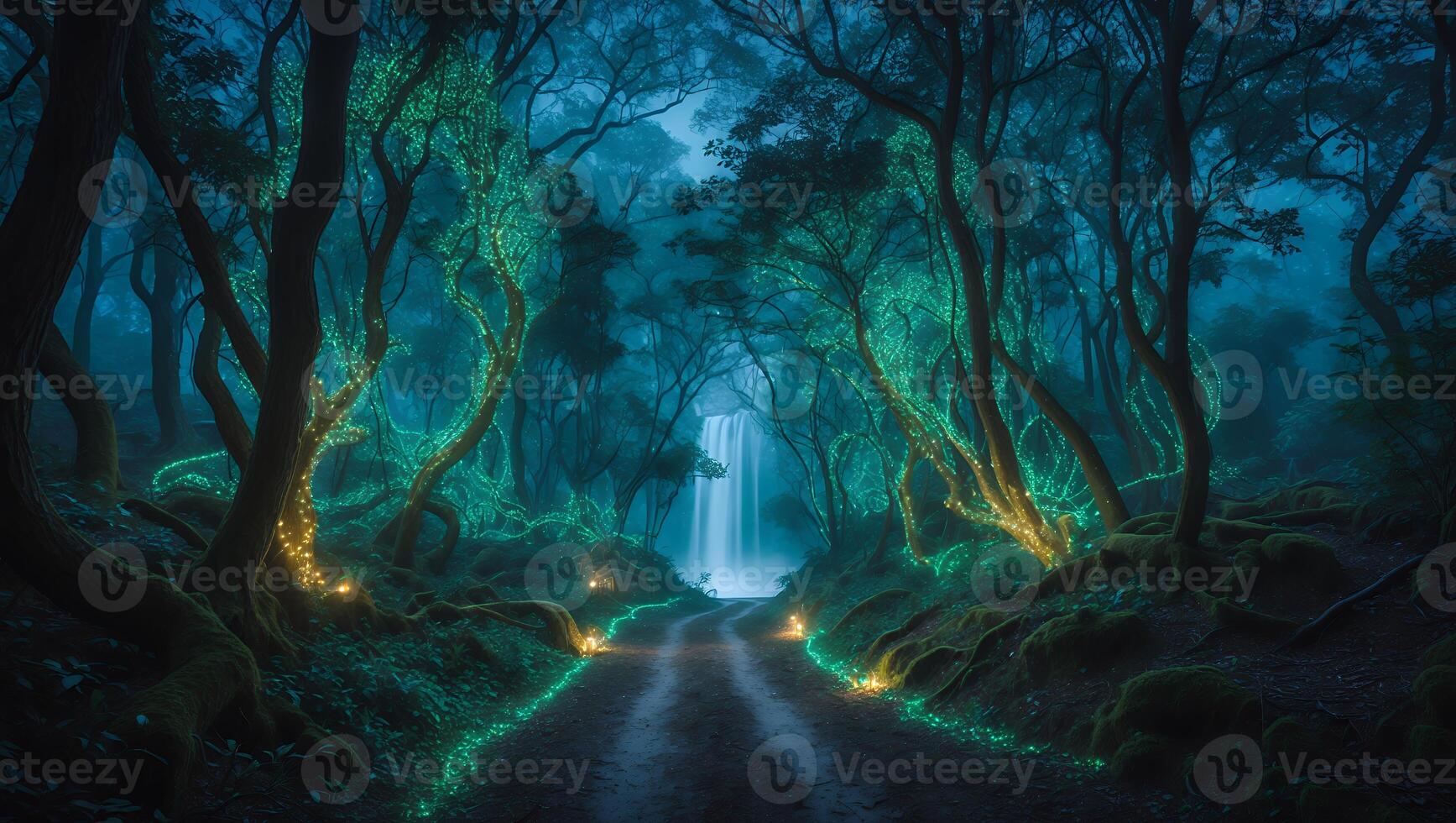 Magical Forest with Waterfall and Glowing Lights photo