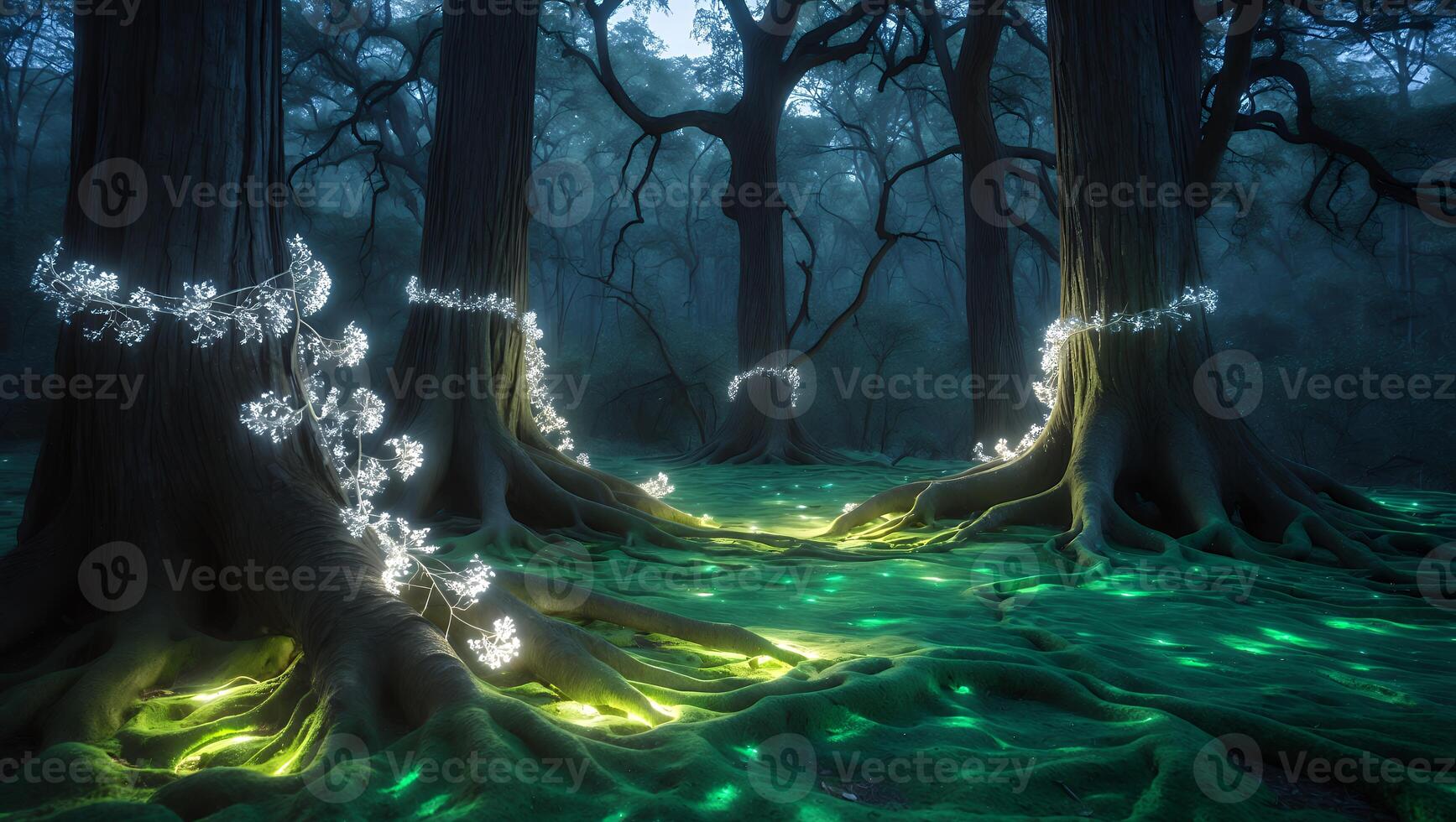 Magical Forest with Glowing Moss and Lights photo
