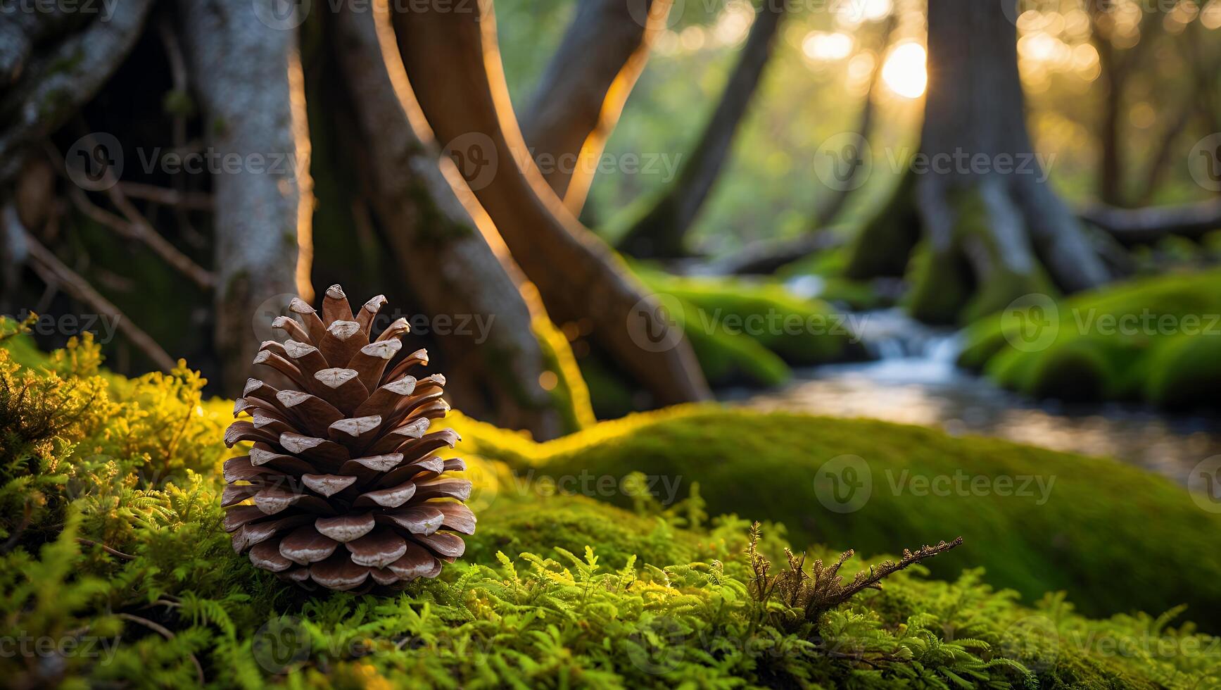 Pine Cone in Forest on Moss with Creek photo