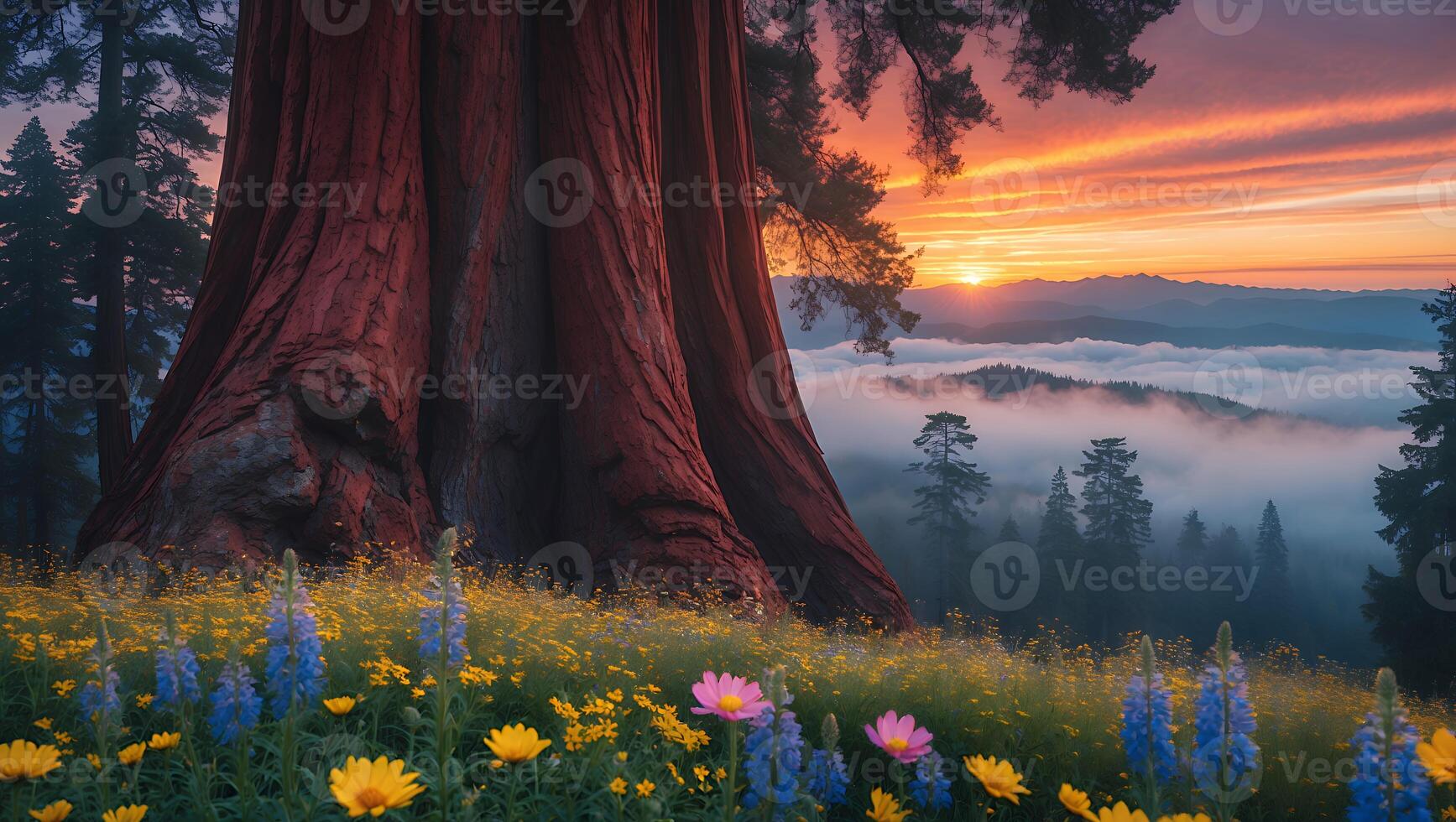 Giant Tree in Meadow at Sunset with Fog and Flowers photo