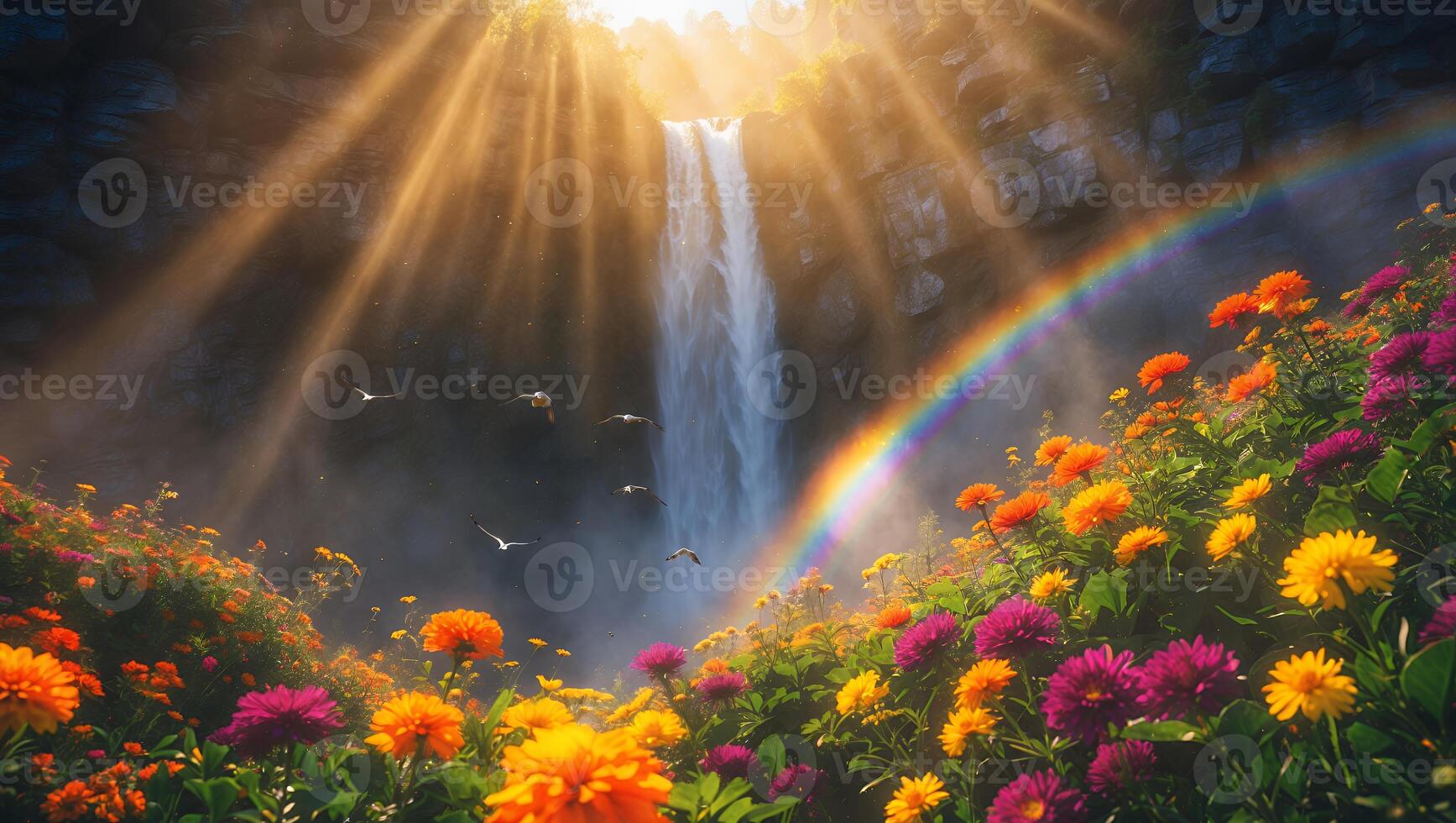 Waterfall with Flowers and Rainbow in Sunlight photo