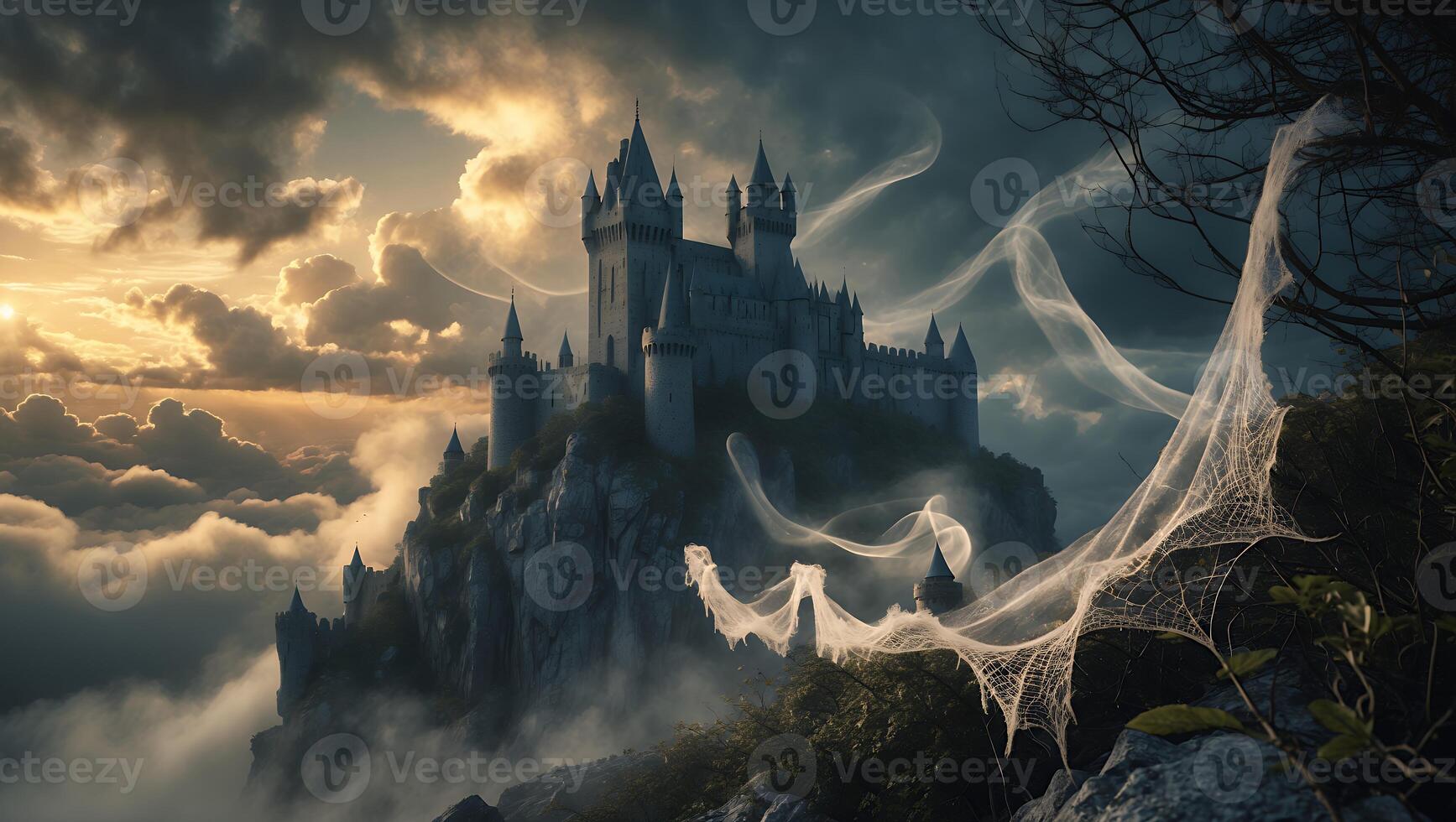 Castle on Cliff with Spider Web and Cloud photo