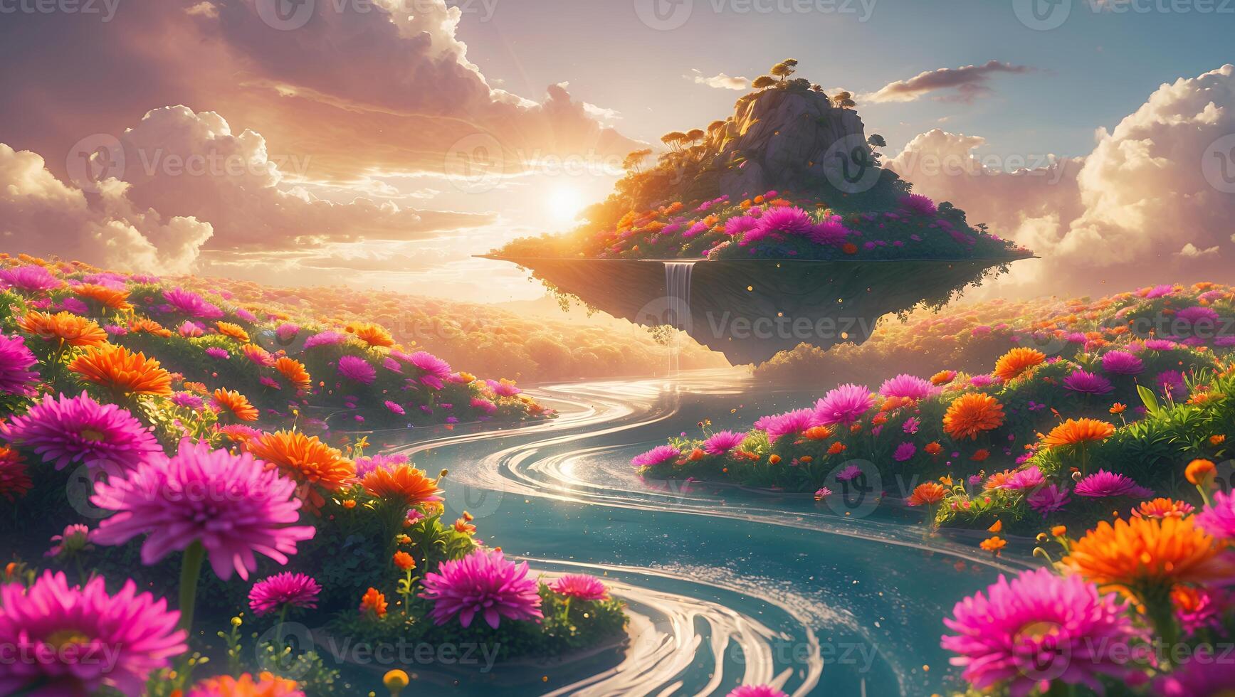 Fantasy Landscape with Floating Island and Flowing River photo