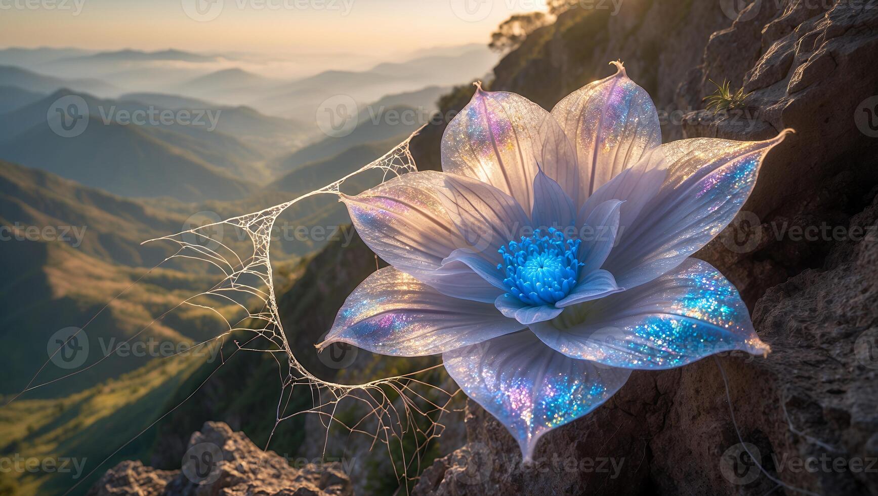 Flower with Spiderweb in Mountain Landscape photo