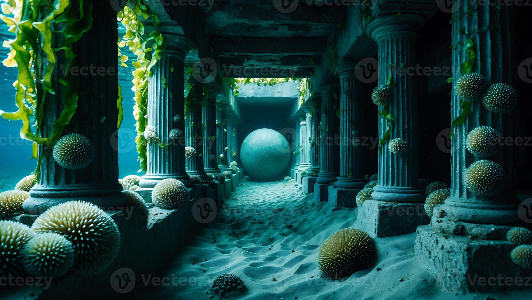 Underwater Ruin with Column and Algae photo
