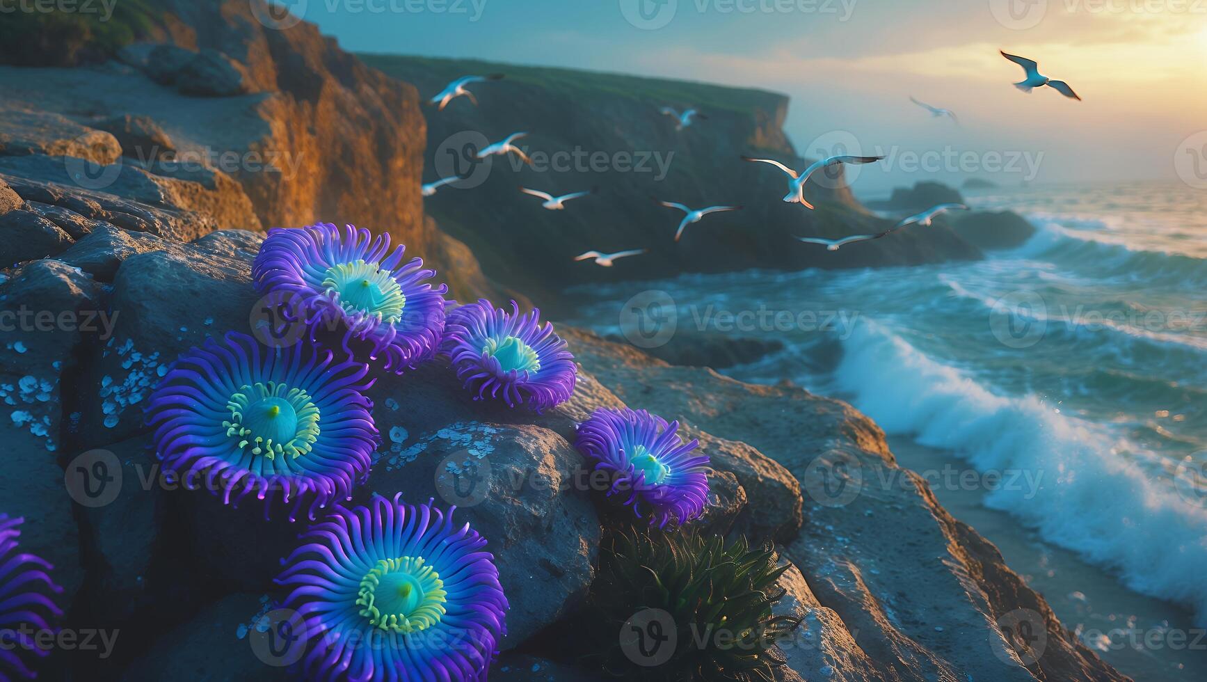 Sea Anemone Flowers on Coastal Cliff with Seagulls photo