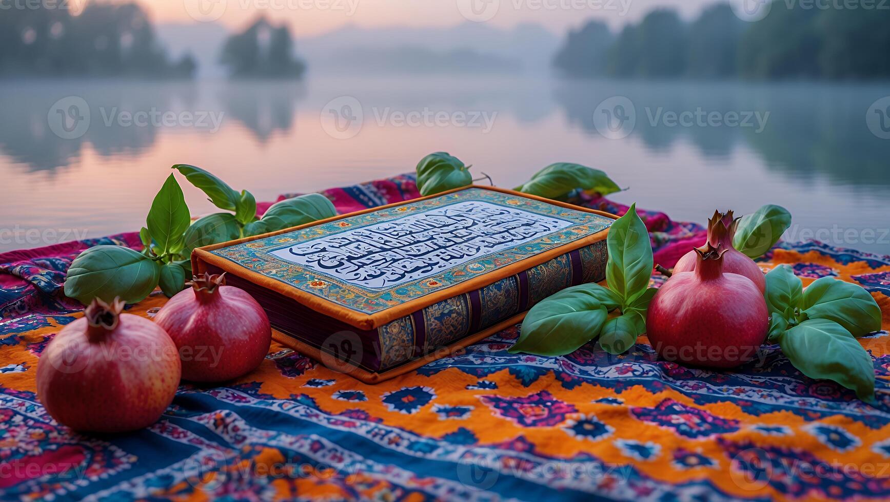 Quran Book with Pomegranates and Basil on Patterned Cloth photo