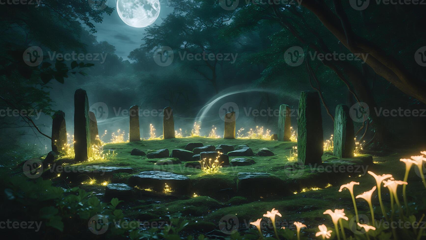 Stone Circle in Forest Illuminated at Night photo