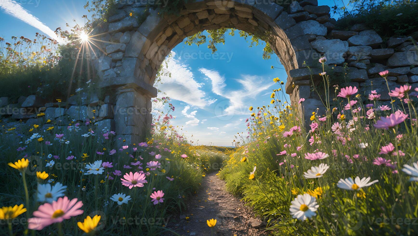 Stone Arch in Field of Flowers with Blue Sky photo