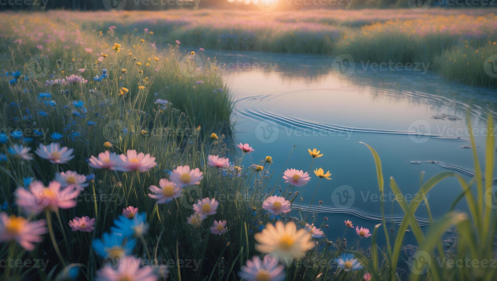 Flower Meadow with Stream at Sunrise photo