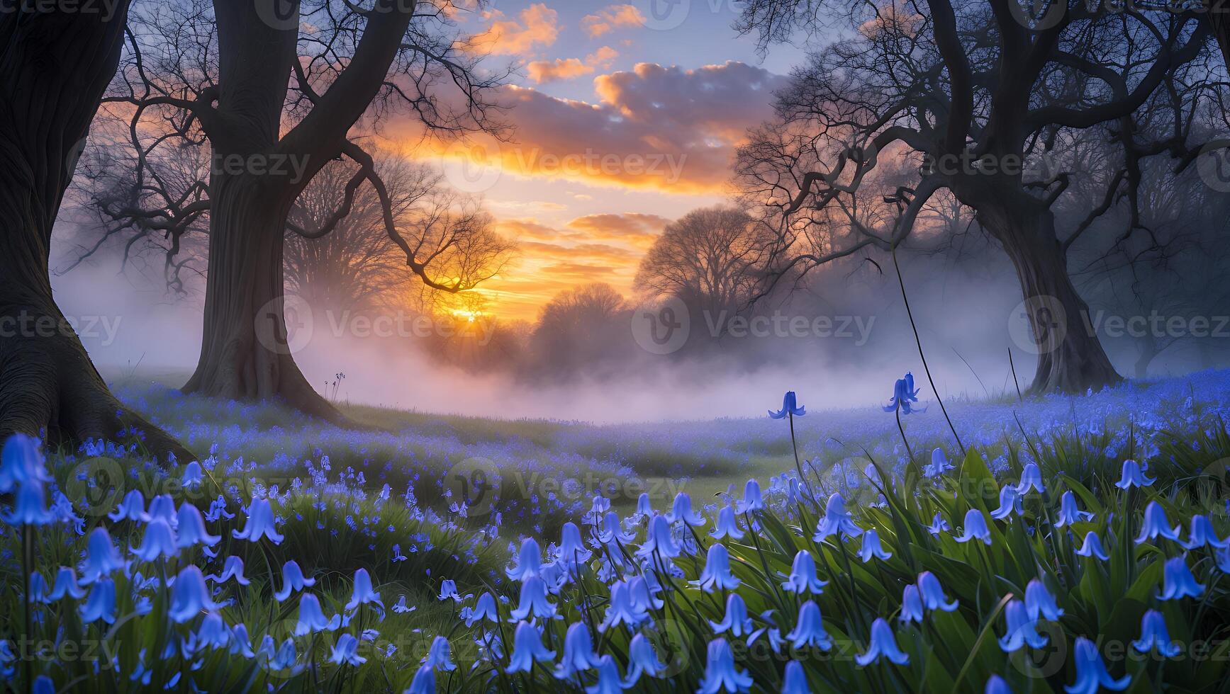 Bluebell Meadow at Sunrise in Misty Forest Landscape photo