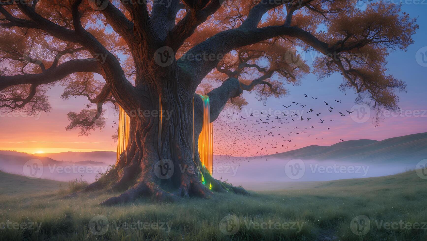 Large Tree at Sunset with Waterfall of Light and Birds photo