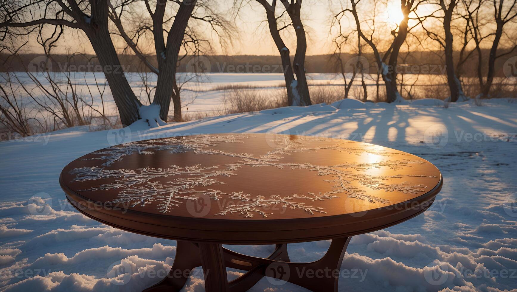 Round Table on Snowy Landscape at Sunset photo