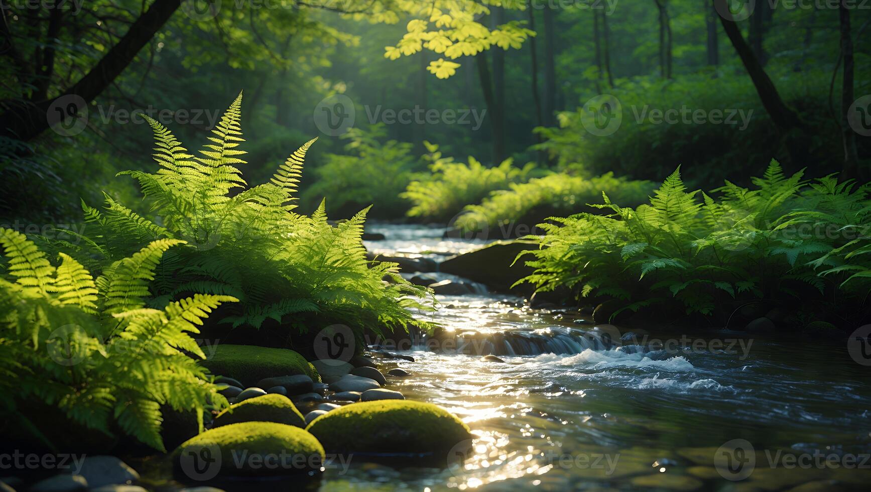 Ferns and Stream in Forest photo