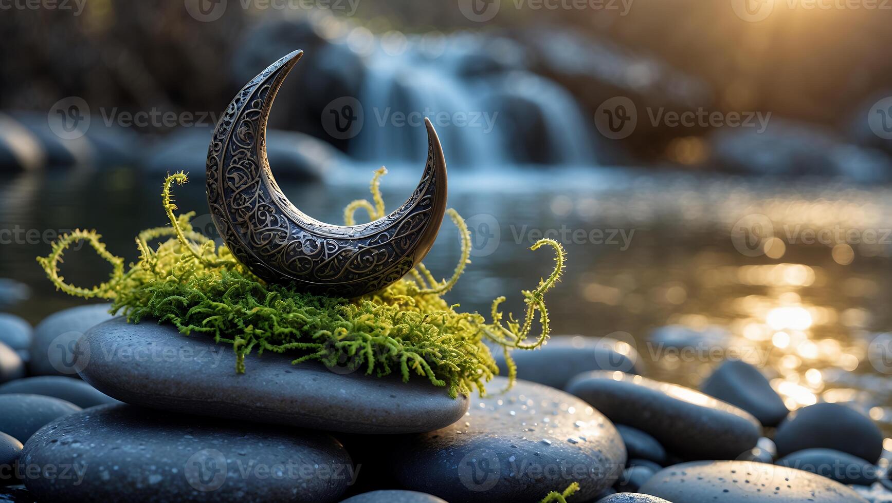 Crescent Moon with Moss on Pebbles by Water photo