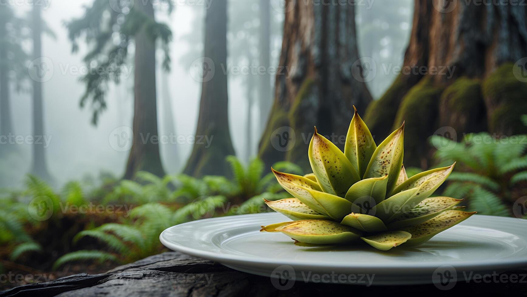 Succulent on Plate in Forest Setting photo