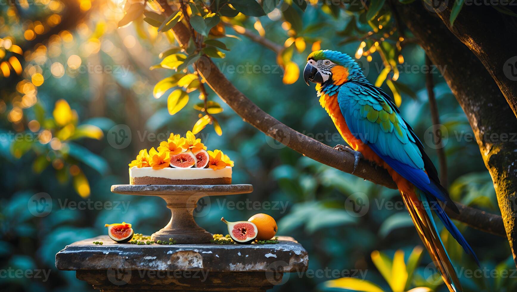Parrot and Cake in Jungle Garden at Sunset photo