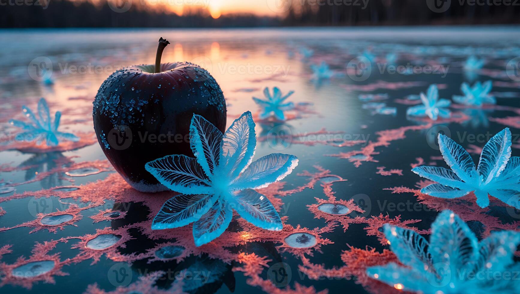 Apple and Ice Flowers on Frozen Lake at Sunset photo