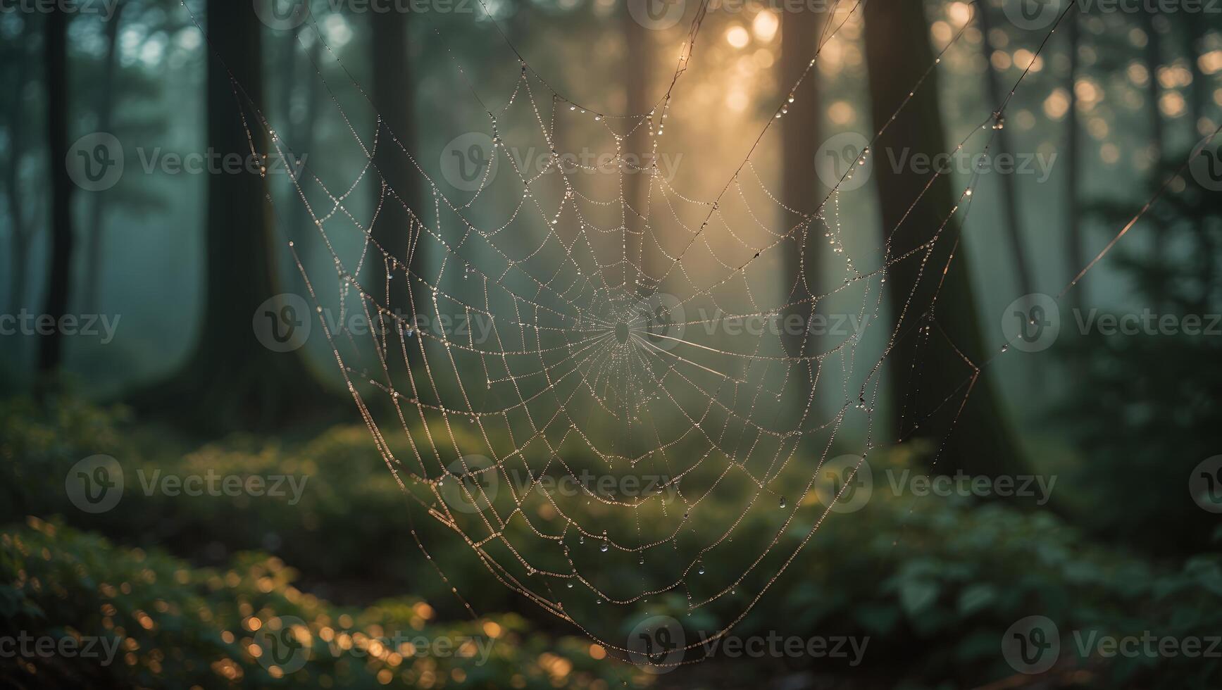 Spiderweb with Dew Drops in a Misty Forest photo