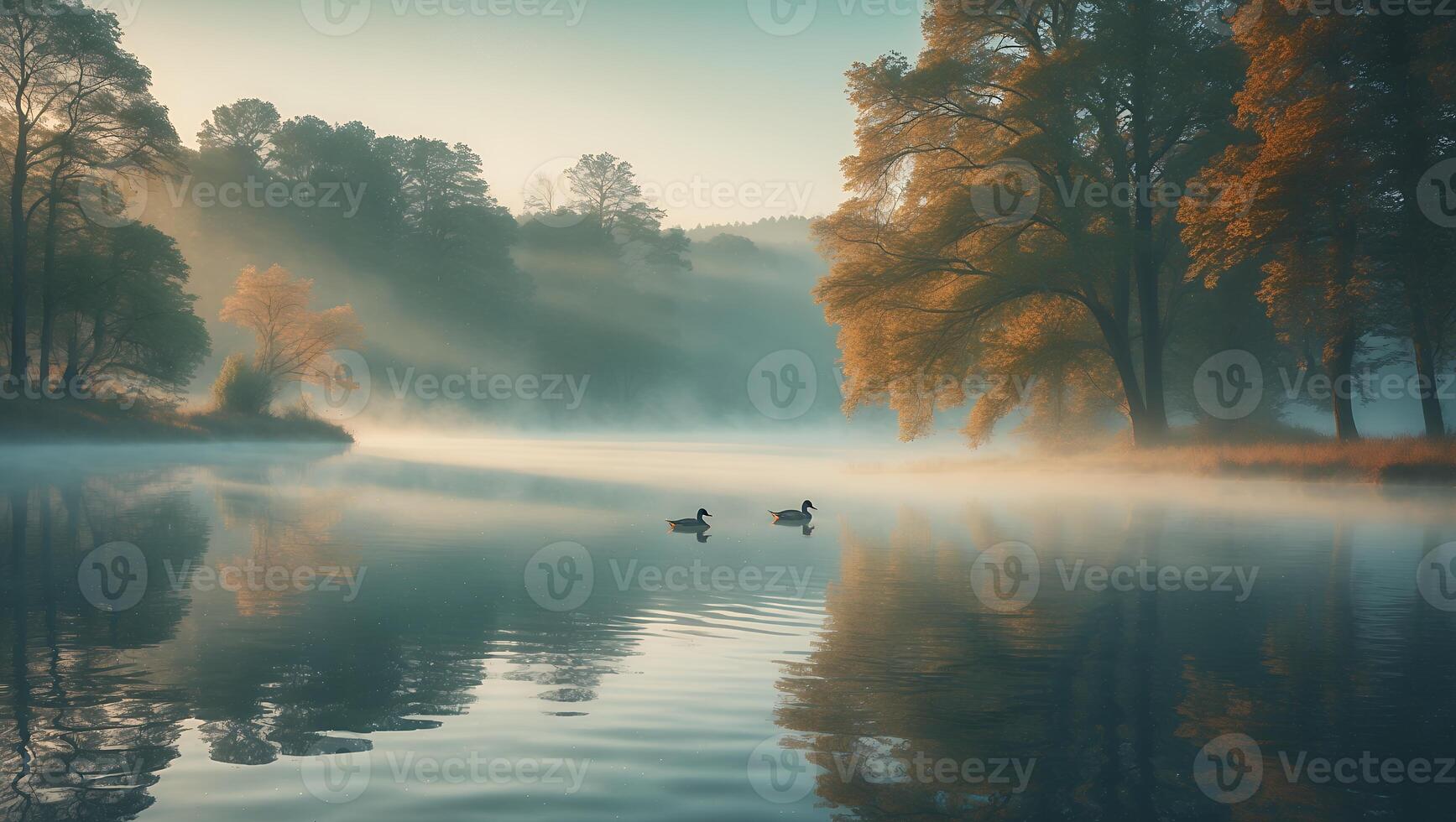 Ducks Swim in Foggy Lake with Reflection of Autumn Trees photo
