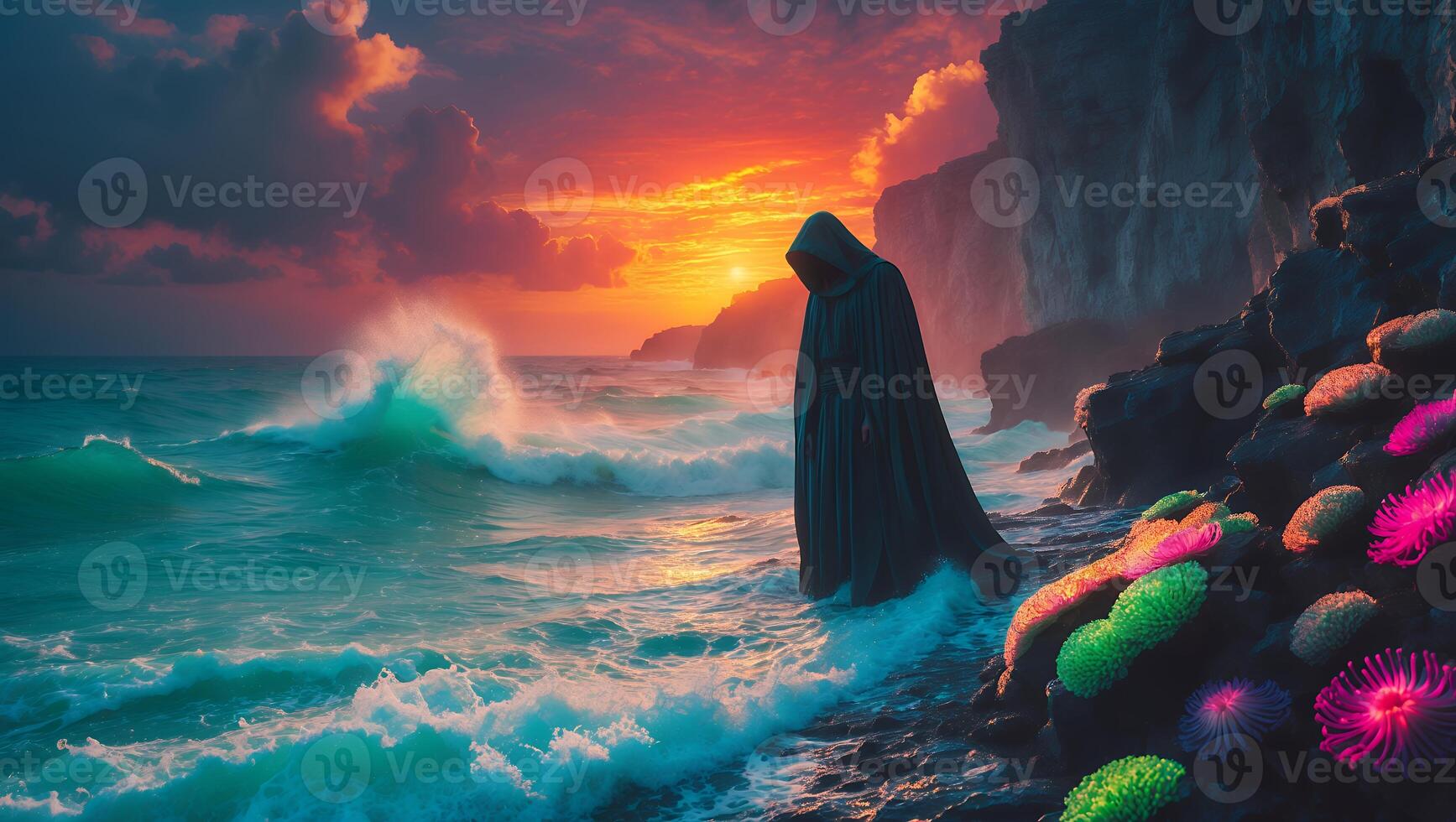 Figure in Cloak on Coast During Sunset photo