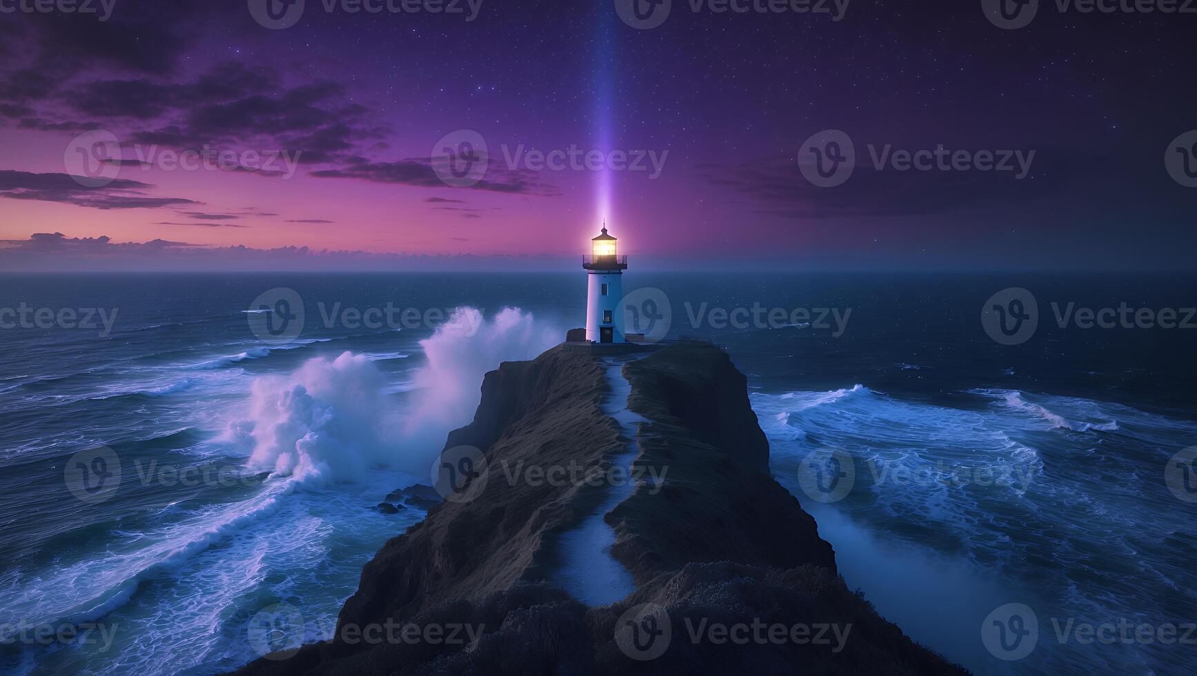 Lighthouse on Cliff at Night with Ocean Waves and Starry Sky photo