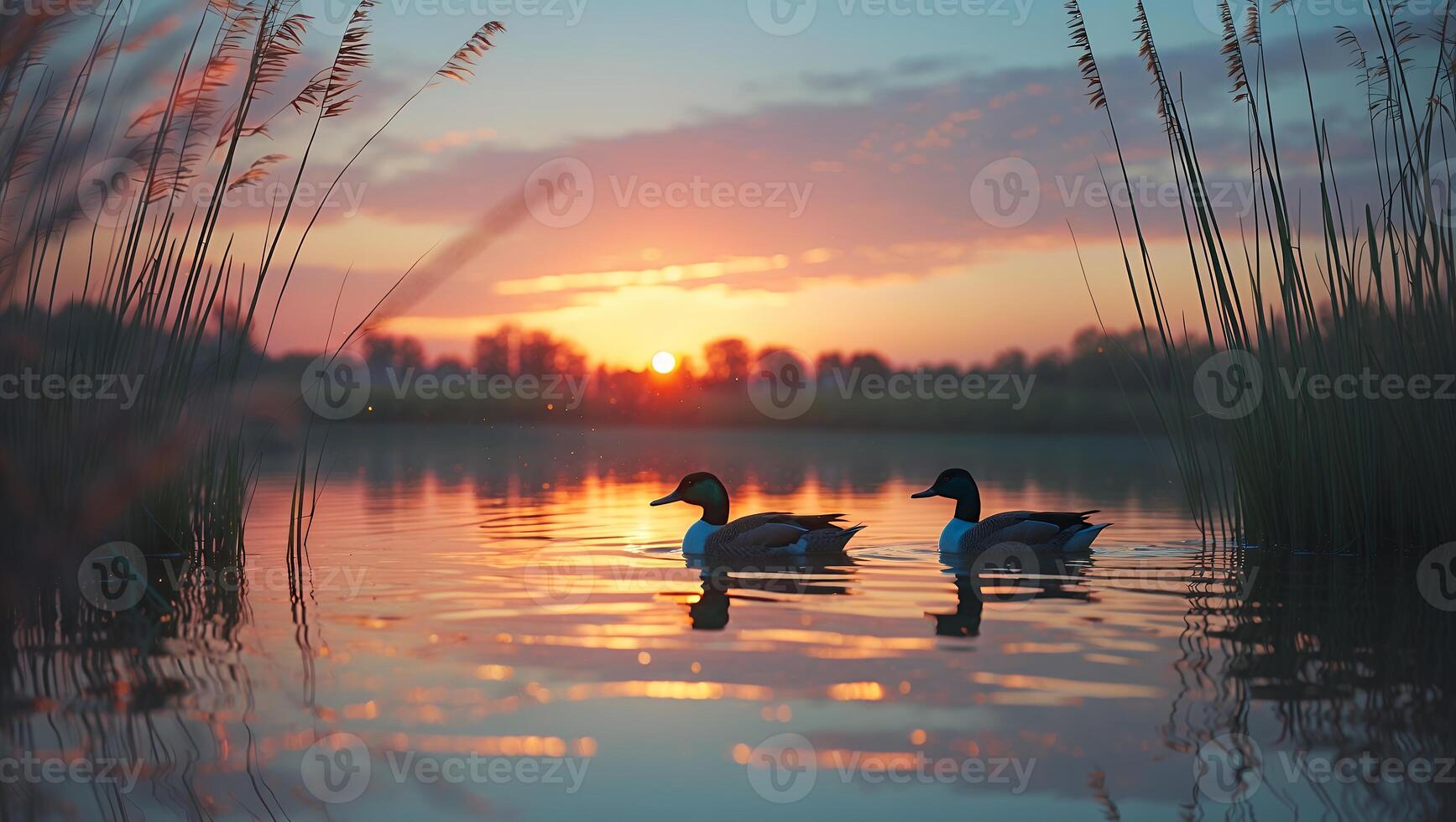 Two Ducks Swimming in Lake at Sunset photo