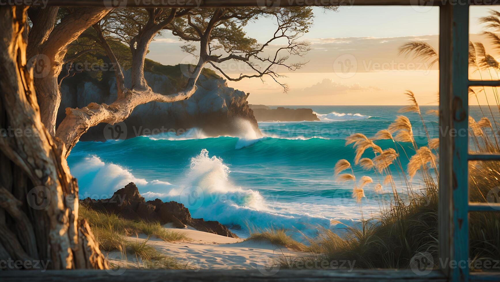 Ocean Waves Crashing on Beach Seen Through Window photo