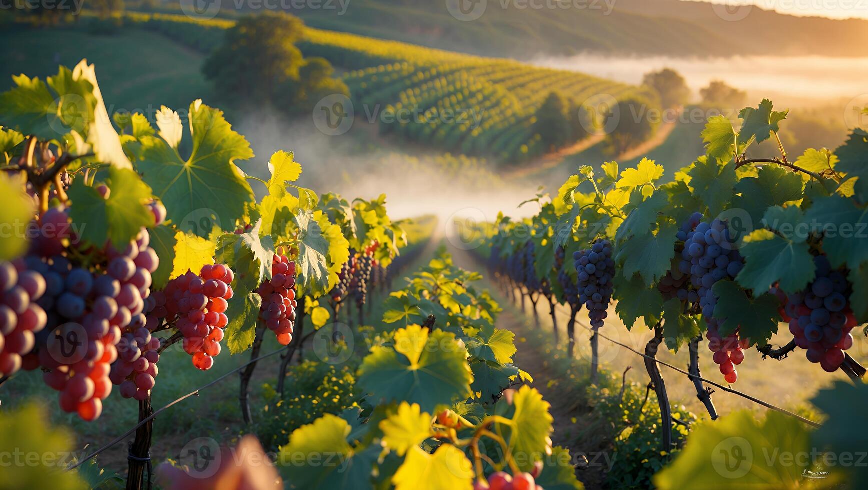Grape Vine Landscape in Vineyard at Sunrise photo