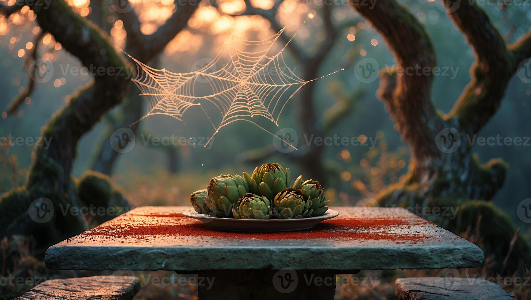 Artichokes on Table with Cobweb in Autumn Forest photo