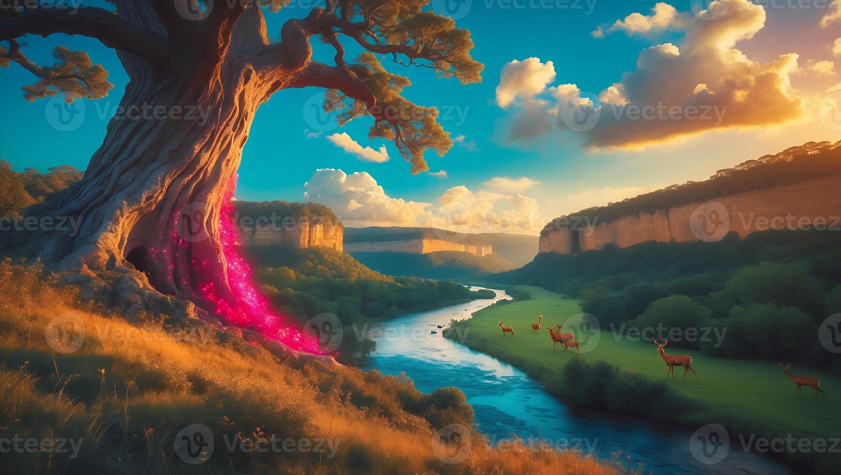 Nature Landscape with Tree River Deer and Mountains photo