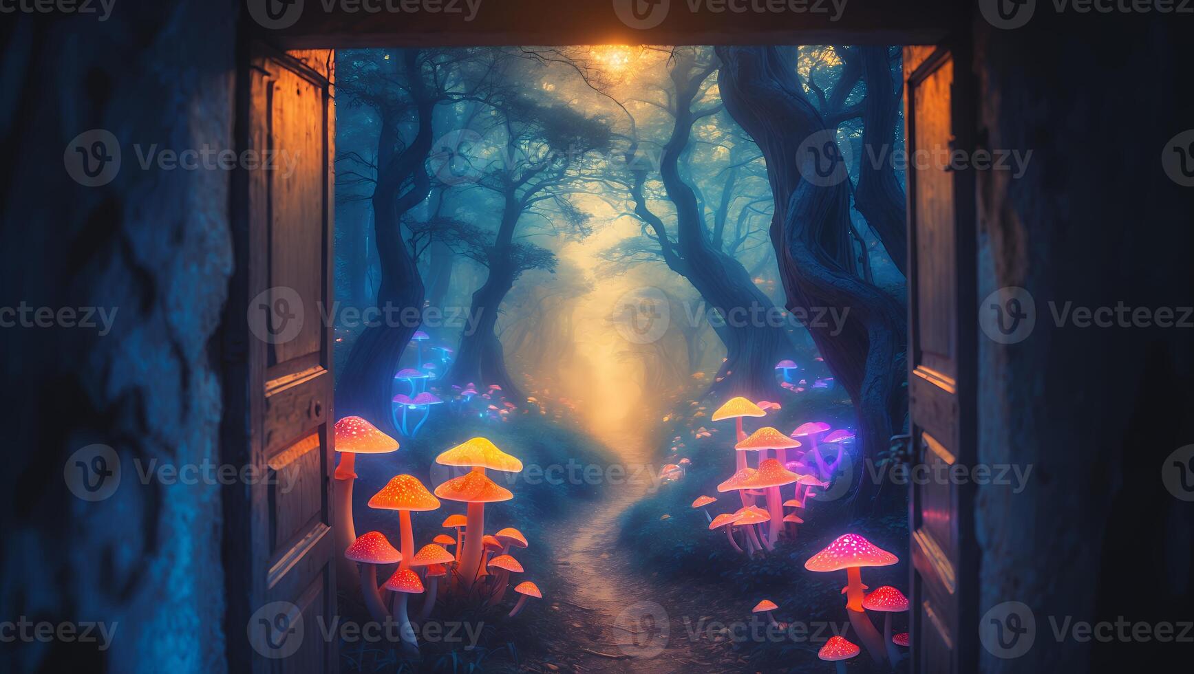 Mushroom in Enchanted Forest Through Open Door photo