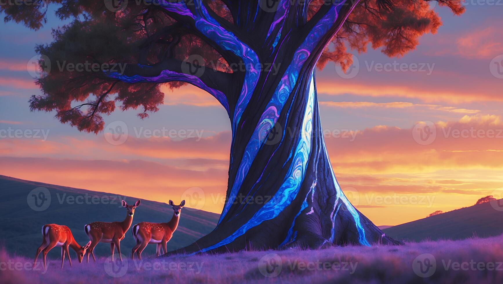 Deer and Tree in Field at Sunset photo