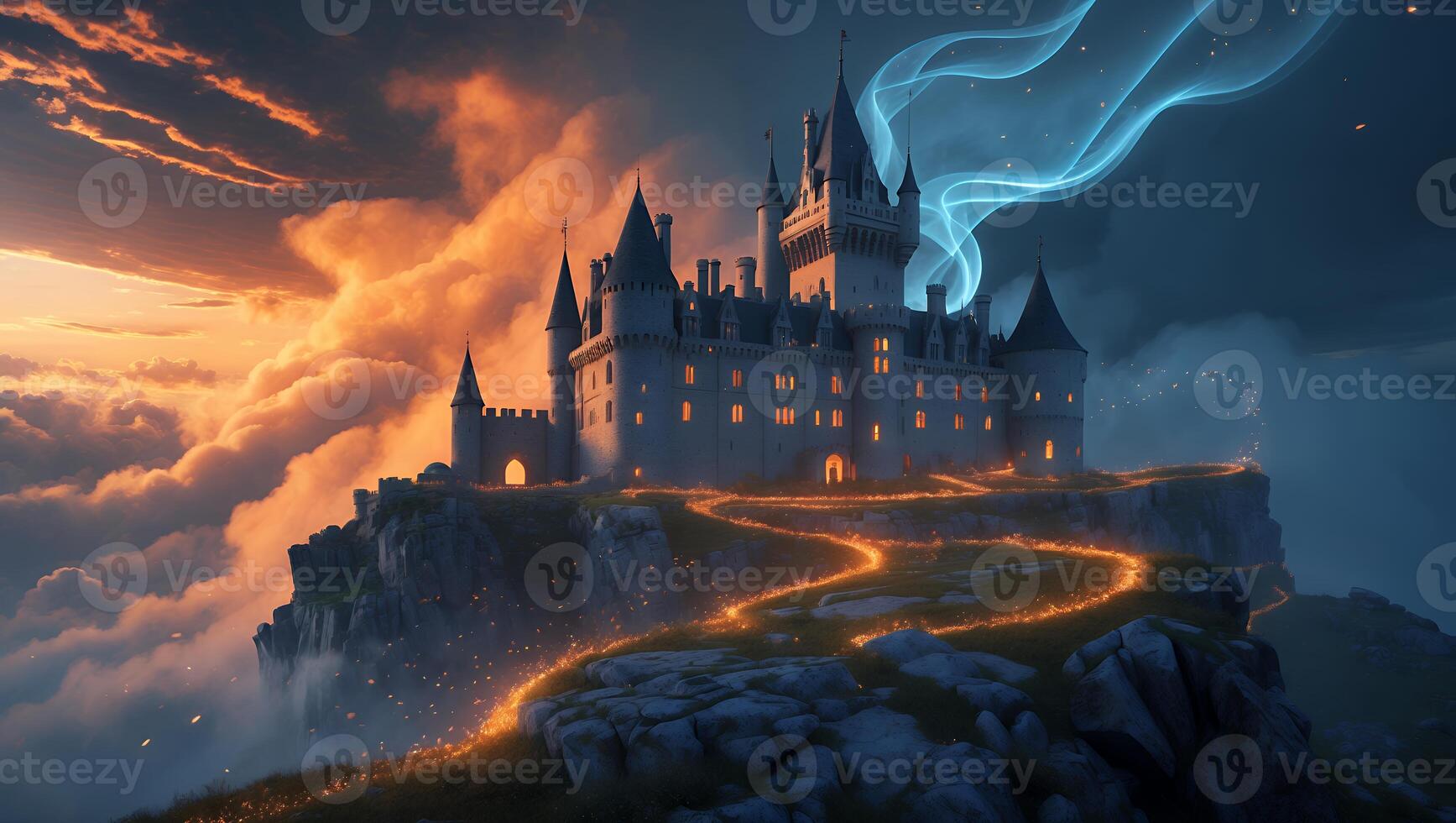 Castle on a Cliff with Glowing Path and Sky photo
