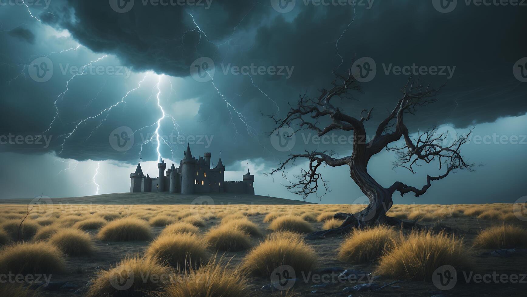 Castle Under Stormy Skies with Lightning photo
