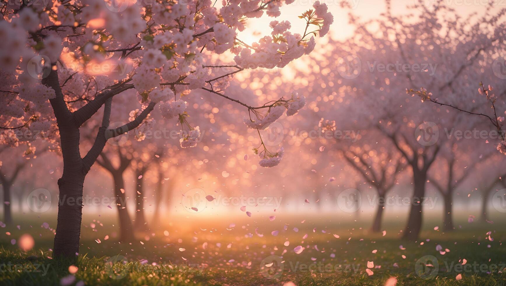 Cherry Blossom Trees with Falling Petals in a Field photo