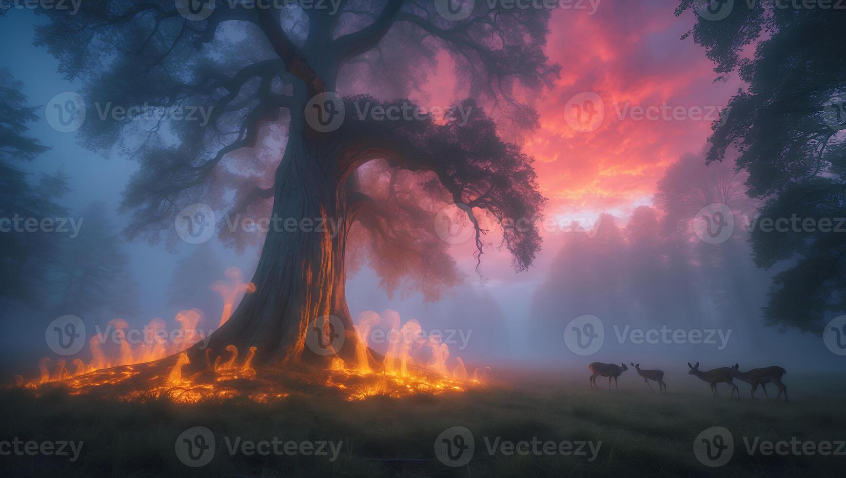 Tree with Deer in Misty Forest at Sunset photo